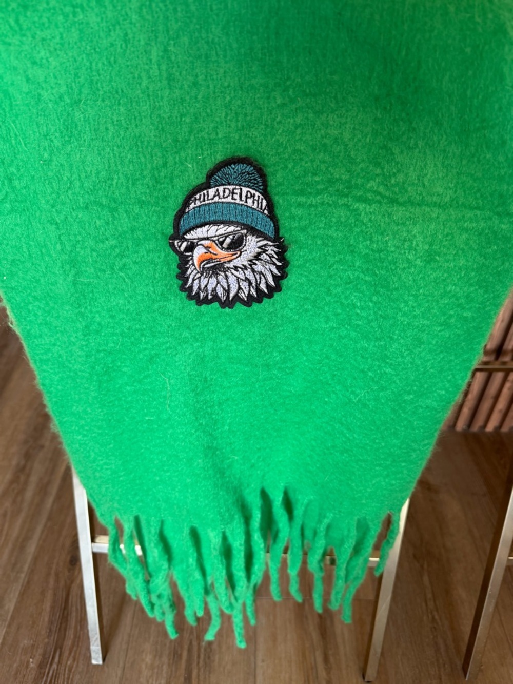 Green Fringe Scarf with Philadelphia Eagle Patch